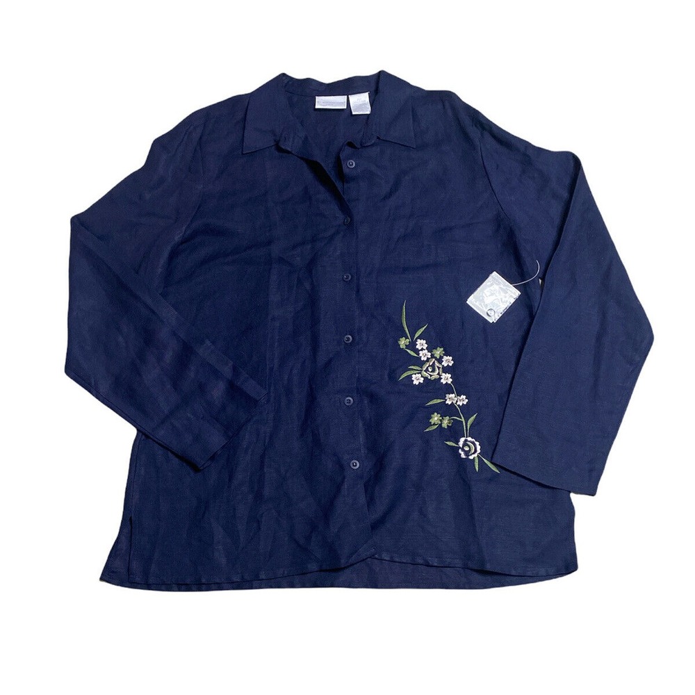WORTHINGTON EMBROIDERED FLORAL‎ BUTTON UP SHIRT BLUE NAVY LINEN SIZE 20 TALL